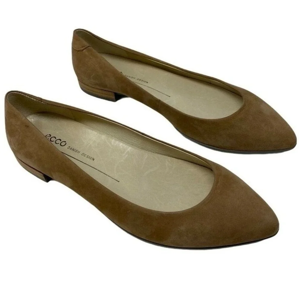 New ECCO Women's Ballet Flats 36 Tan Suede Pointed Toe Danish Design